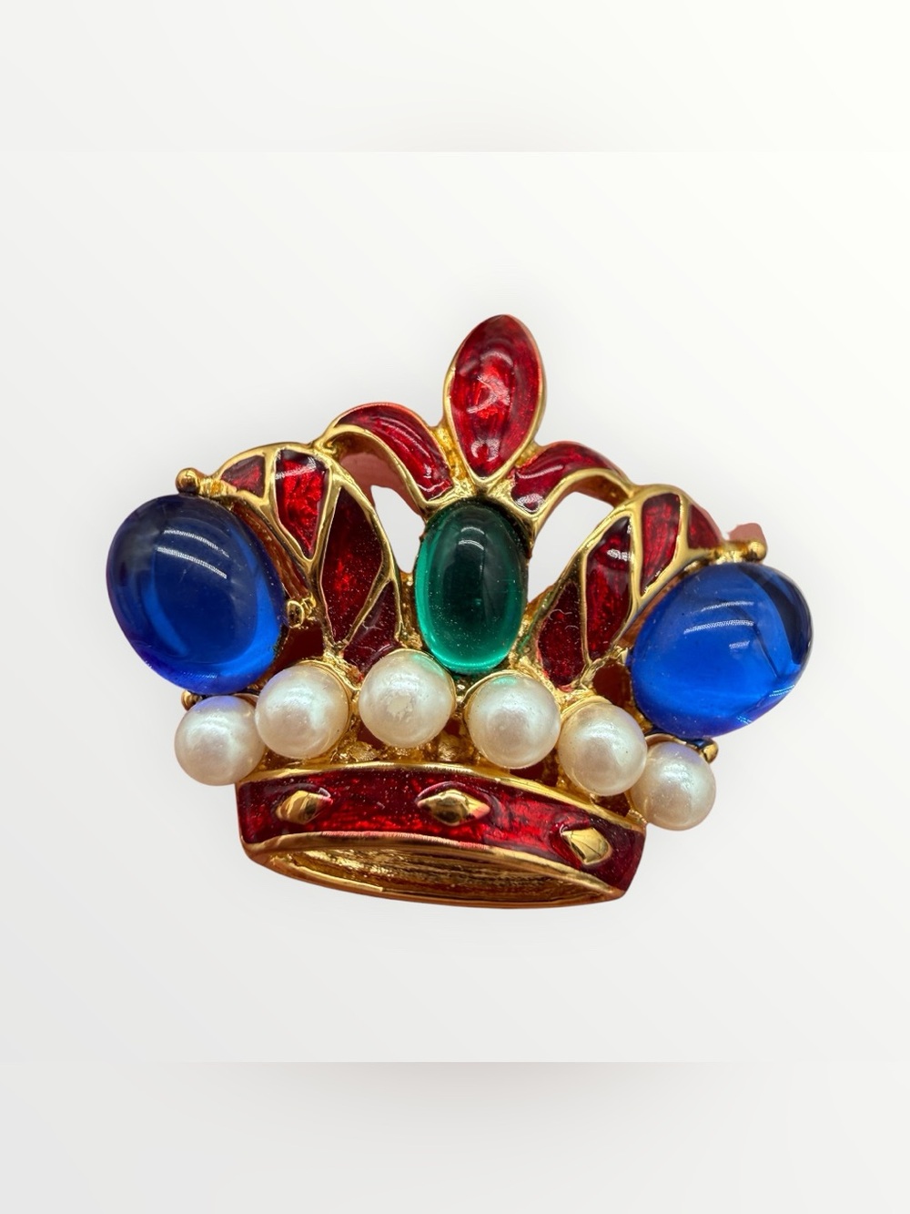Trifari Crown Brooch Pin with Red Enamel, Jelly Belly Cabochons and Pearls